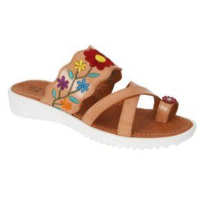 Women's Handmade Leather Heeled Flower Embroidered Tan Toe Ring Huarache Sandals